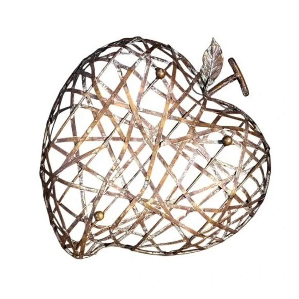 Vintage Metal Shaped Apple Basket Rustic Brown Decorative Cottage Core Woven